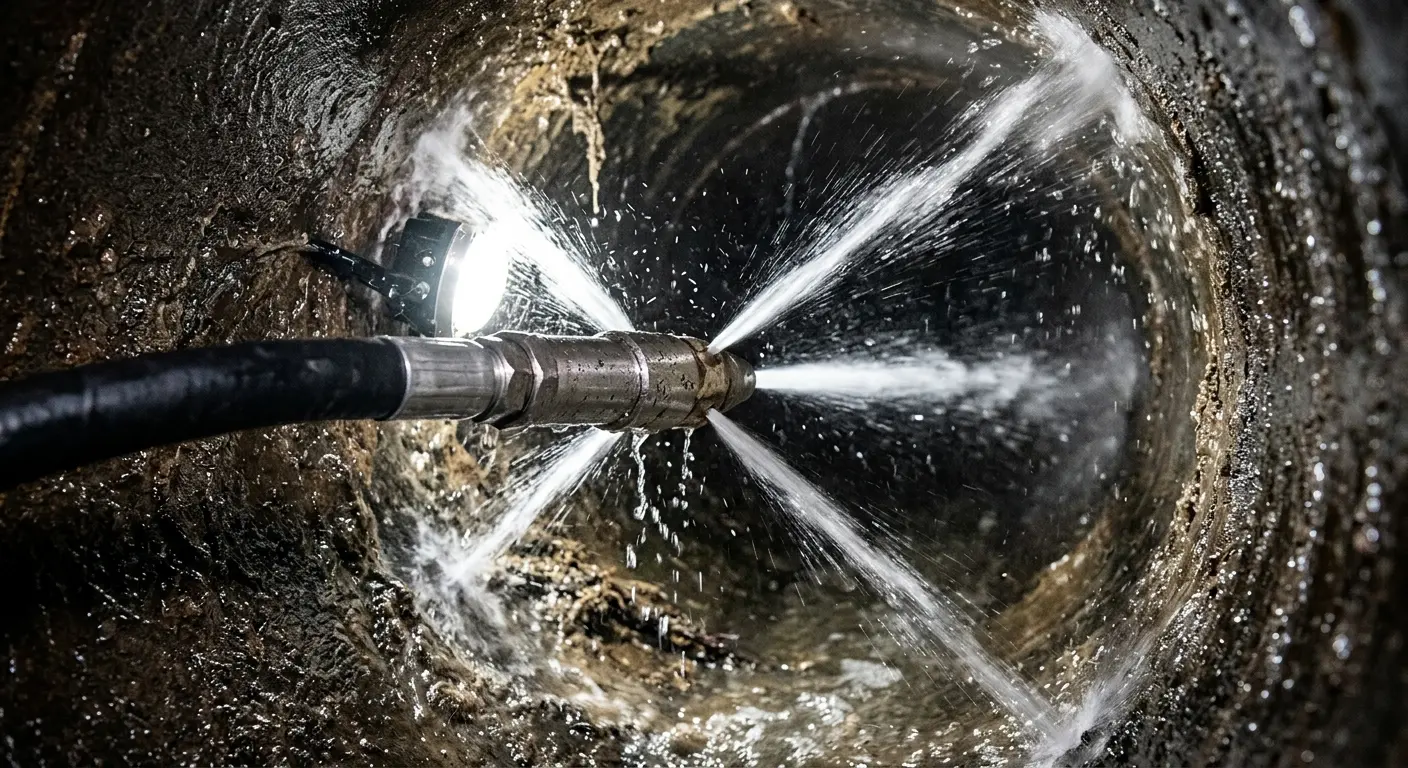 High-pressure hydro jetting nozzle cleaning sewer pipe for Sewer Cleanout in Five Forks