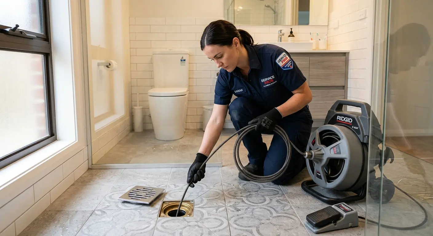 Technician clearing a bathroom floor drain for Hydro Jetting in Five Forks